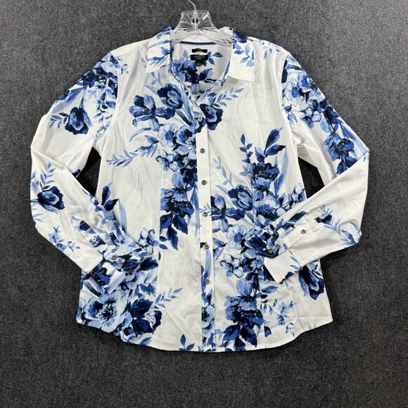 Talbots Non-Iron Blouse Women’s 8P White Blue Floral Button Down NWT - Picture 1 of 8
